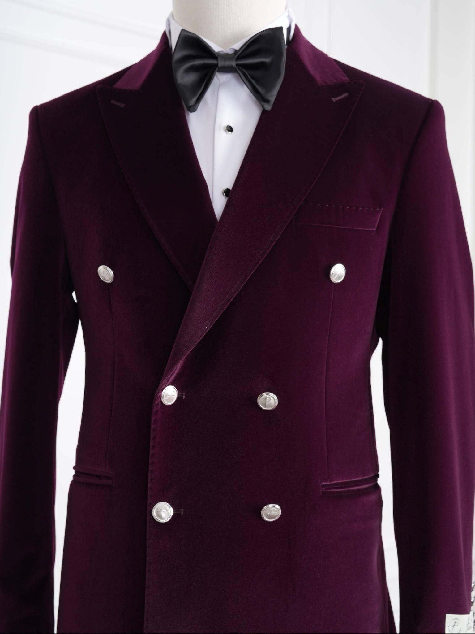 parez suits - Wholesale Tuxedo Jacket - Men's - Wine Velvet Double-Breasted Tuxedo with Signature Buttons3