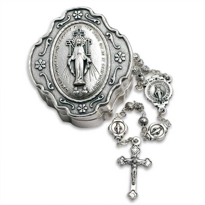 Coffret cadeau avec perles métalliques Miraculous Rosary et finition argentée pour la vente par RM Trading