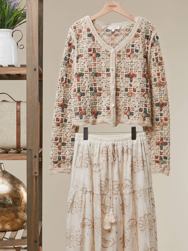 Boho Patchwork Crochet Button Cardigan for wholesale by Mello.