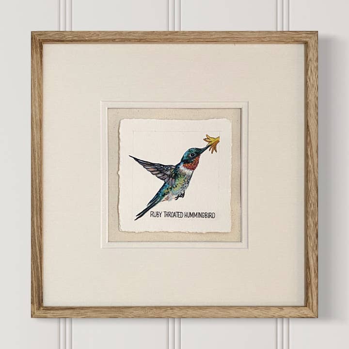 Ruby Throated Hummingbird square giclee print for wholesale by Meredith Raiford Art