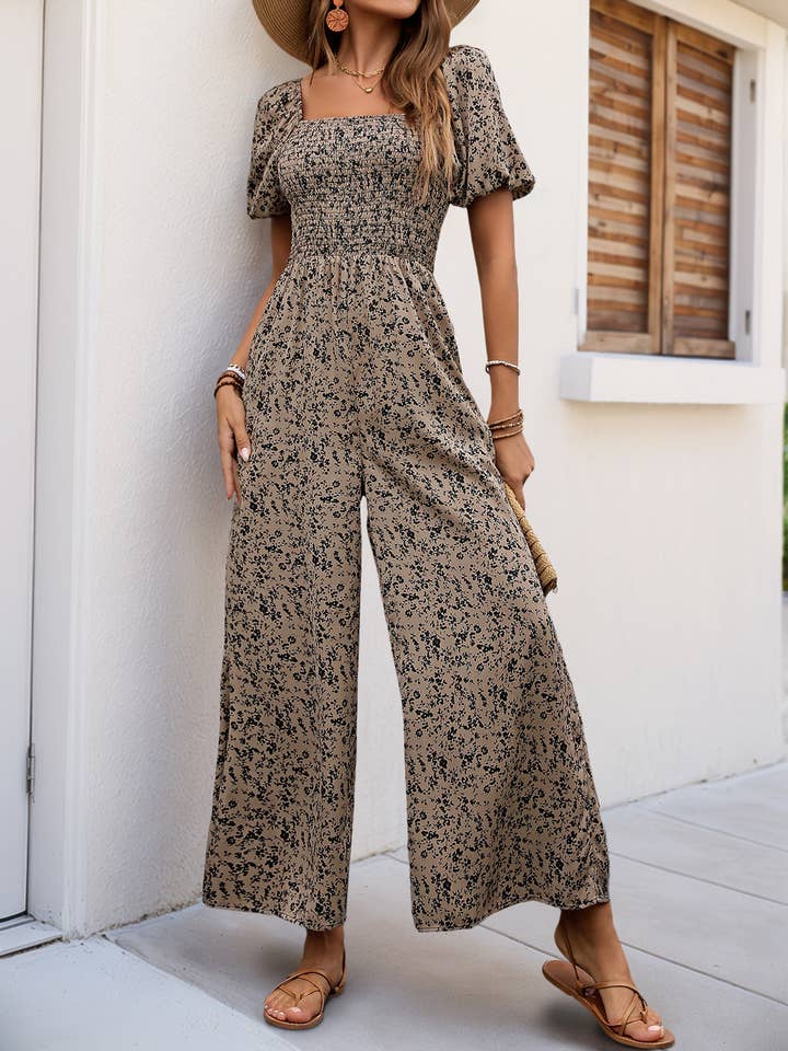 Square Neck Puff Sleeve Wide-Leg Printed Jumpsuit for wholesale by HIDDENBRAND