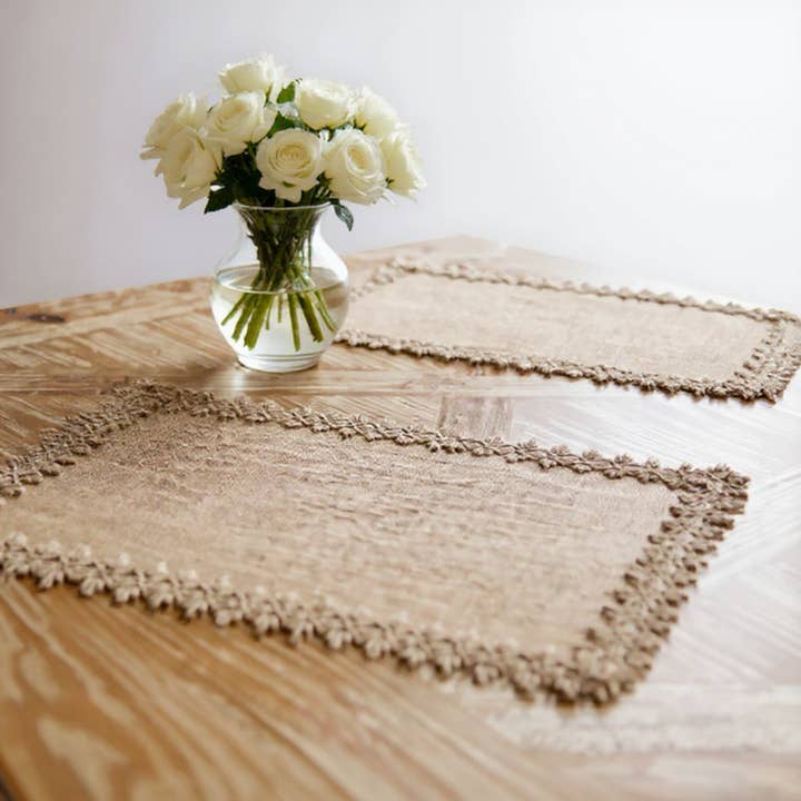 2-Piece Rectangular Lace Trim Woven Placemat with Decorative Crochet Edge for wholesale by AK Brand