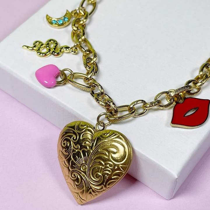 Valentines Heart Locket Chunky Charm Necklace Gift For Her for wholesale by LHG Designs