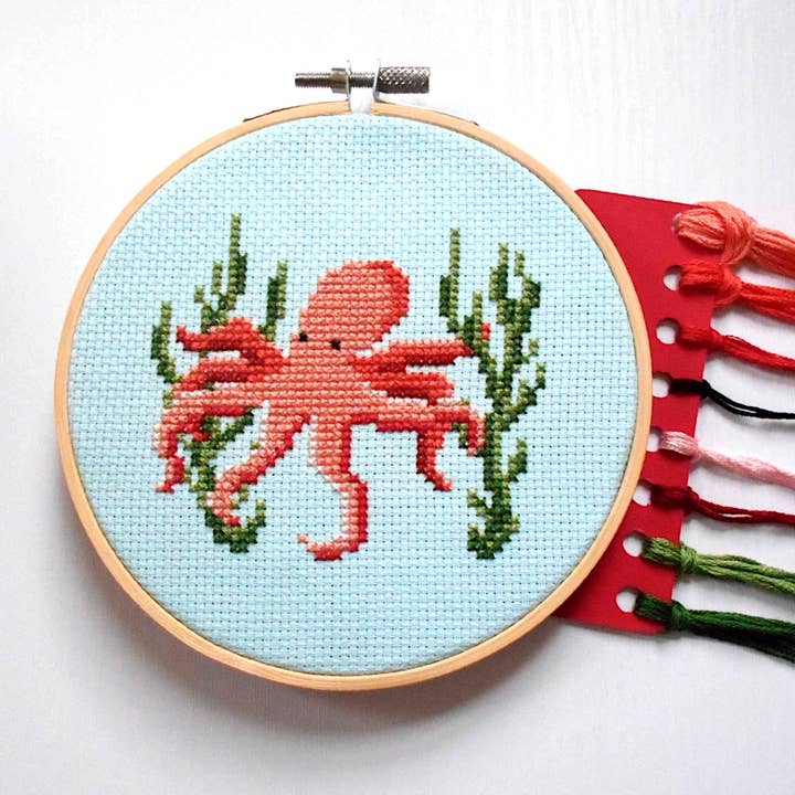 Knit Knot Krafts – wholesale Embroidery/cross-stitch supplies – Octopus & Seaweed Cross Stitch Kit for Beginners
