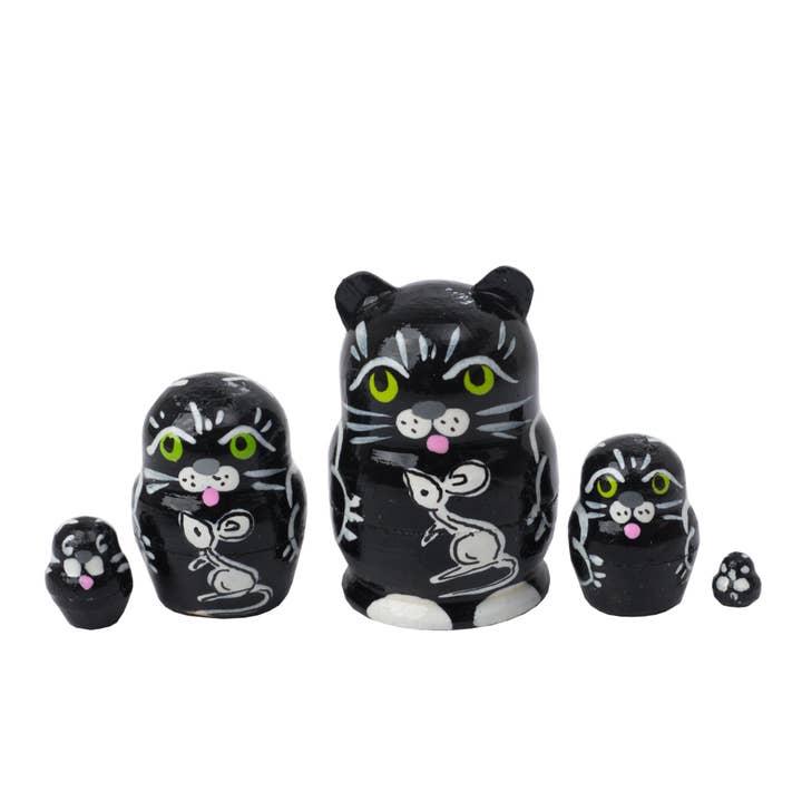 Mini Black Cat w/ Mouse Nesting Doll 5pc./1" for wholesale by Golden Cockerel