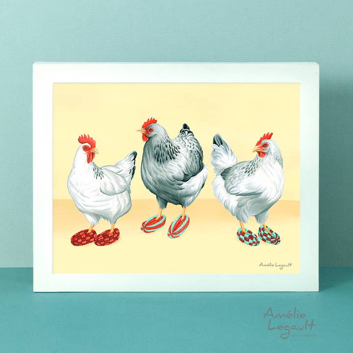 Hens Wearing Slippers Art Print for wholesale by Sardines Studio