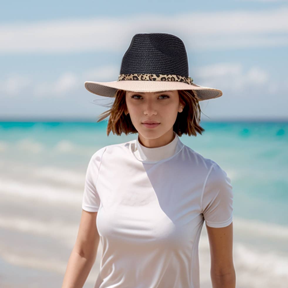 Black Ginger – wholesale Straw hat – women's – Two Tone Panama Foldable Hat (57cm) - Black/Pink1