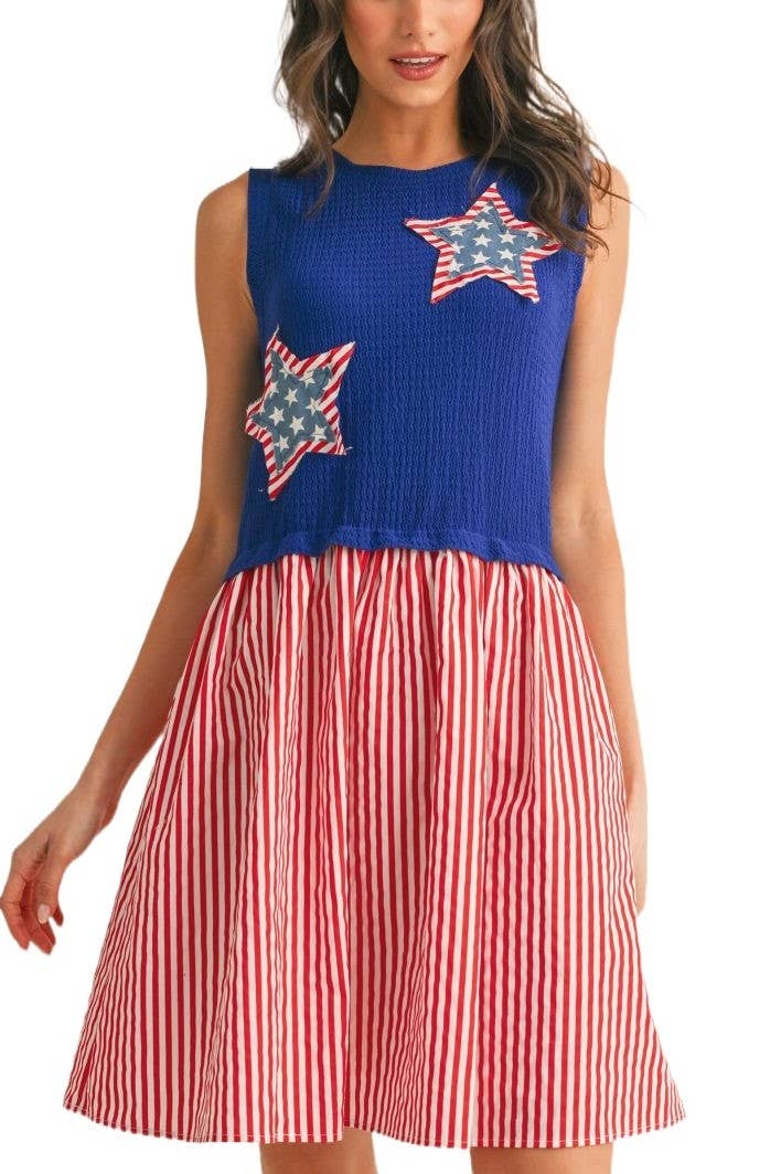 Vanilla Monkey - Wholesale Dress - Women's - Multi Star Patch Mix Media Mini Dress0