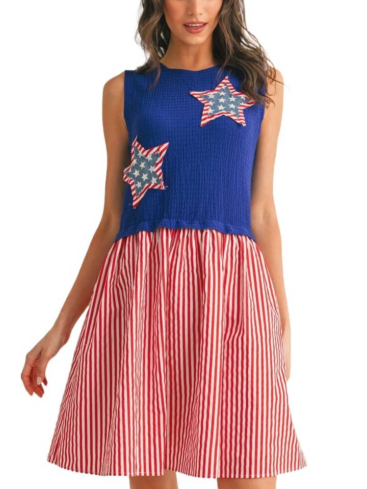 Vanilla Monkey - Wholesale Dress - Women's - Multi Star Patch Mix Media Mini Dress