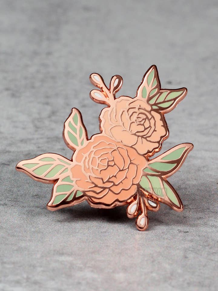 Peonies Flower Wildflower Bouquet Enamel Pin - Peachy for wholesale by Shannon Talbott
