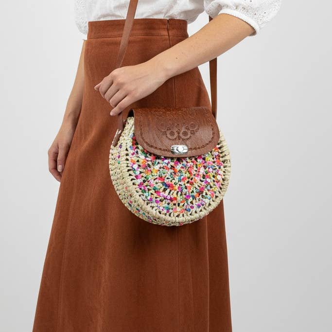 Boho Round Woven Straw Crossbody Bag - Sequin & Leather for wholesale by Melecraft