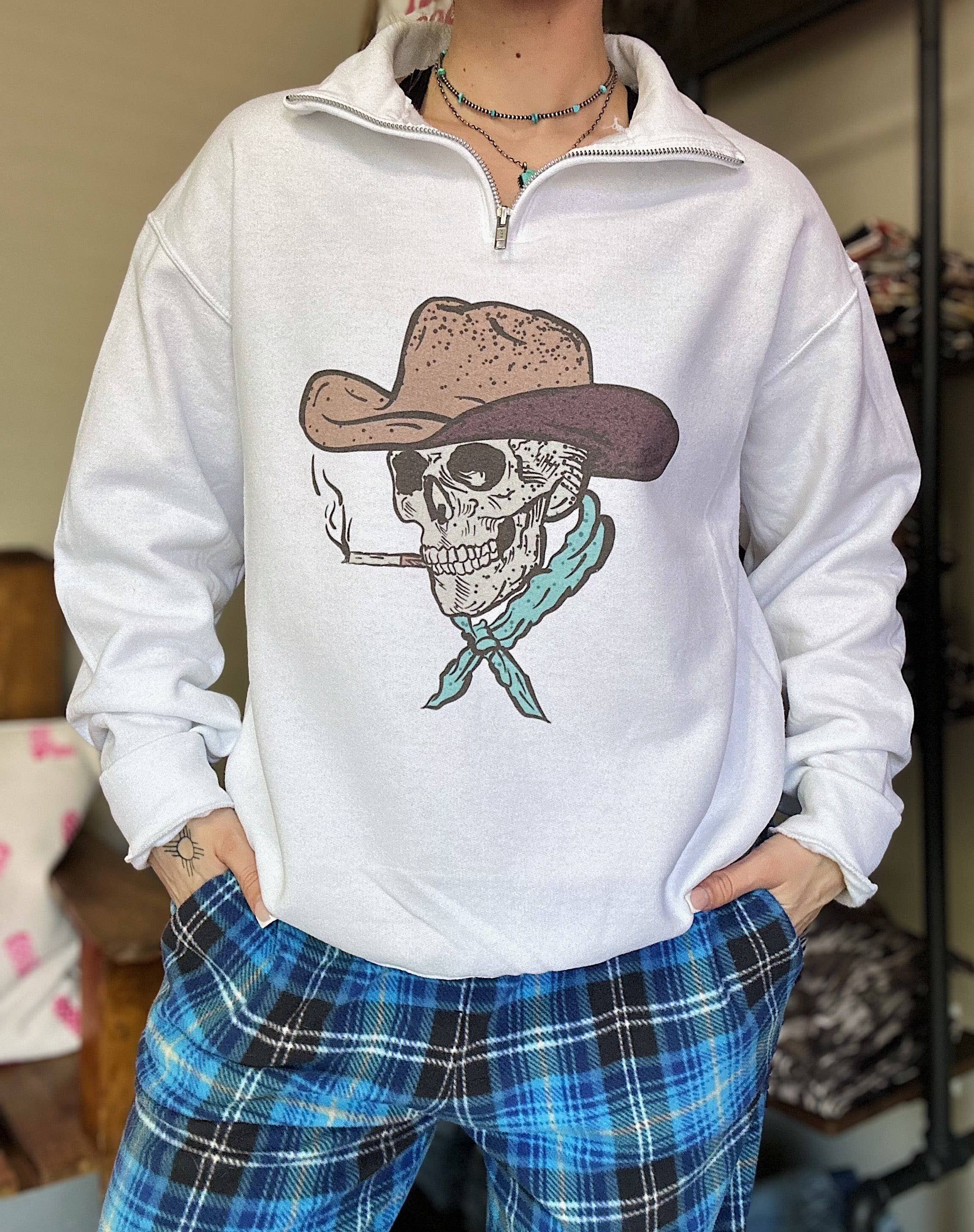 Gunpowder and Glam Boutique - Venta al por mayor Sudadera estampada - Mujer - Cuarto de cremallera de esqueleto vaquero0