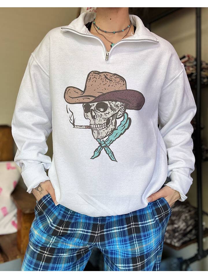 Gunpowder and Glam Boutique - Venta al por mayor Sudadera estampada - Mujer - Cuarto de cremallera de esqueleto vaquero