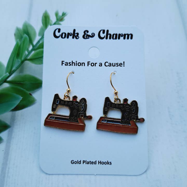 Vintage Hand Crank Sewing Machine Gold Earrings for wholesale by Cork and Charm