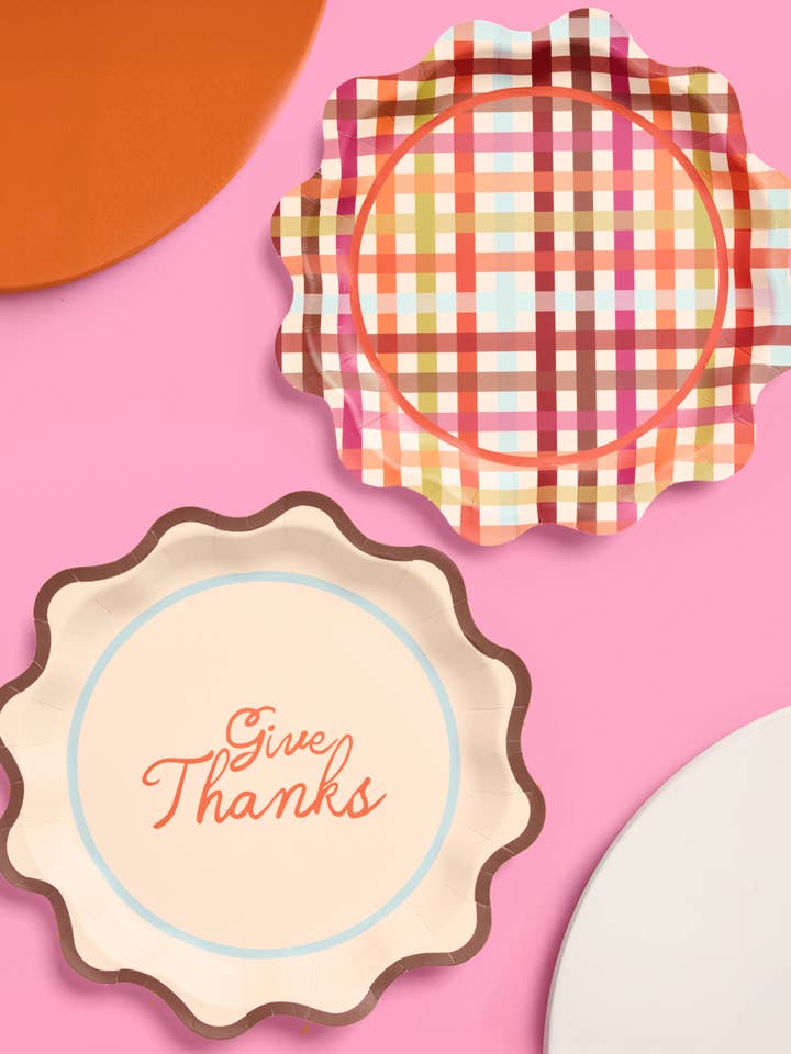 Thanksgiving Paper Plates - 24 pcs, 2 designs, gingham, 9' for wholesale by xo, Fetti