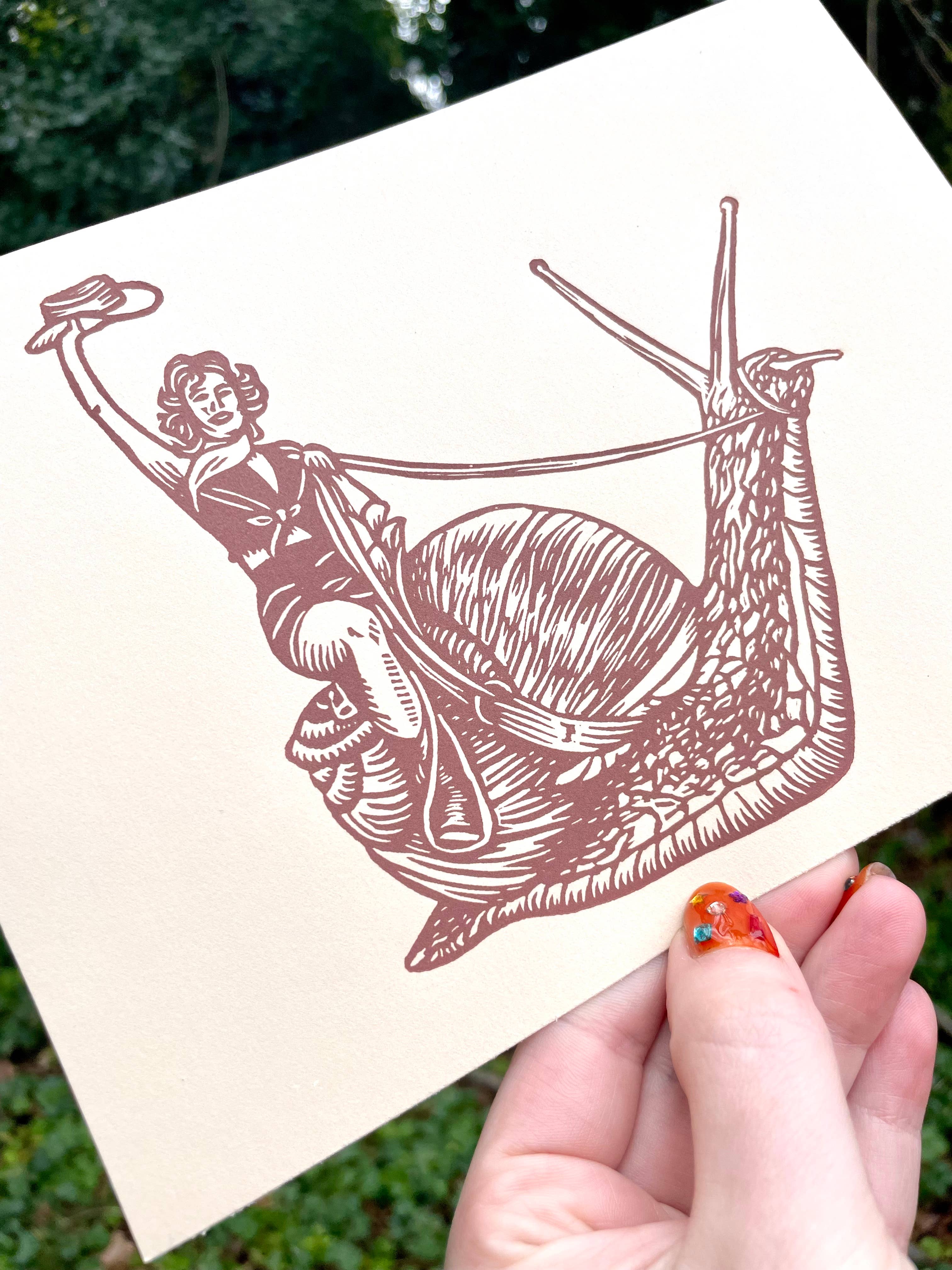 Augury Press – wholesale Art print – Cowgirl Snail Linocut Print2
