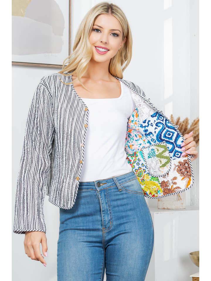 LA Soul - Wholesale Jacket - Women's - Floral Print Quilted Patch Cotton Jacket - White3