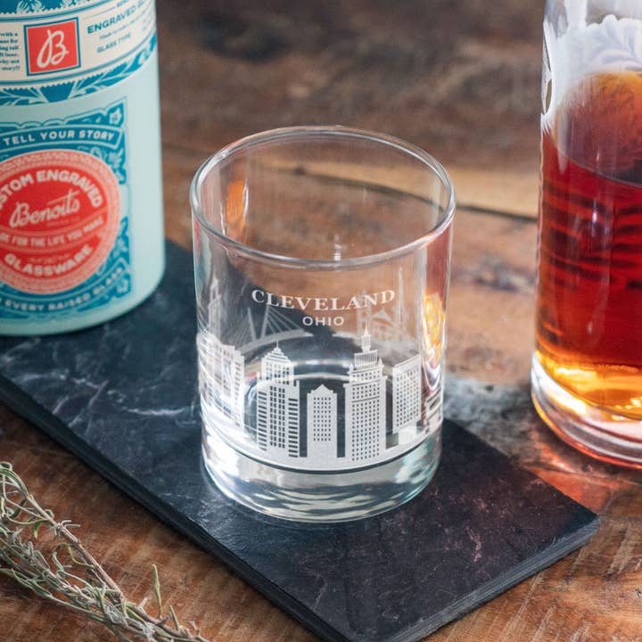 Cleveland, Ohio City Skyline Engraved Glasses for wholesale by Benoit's Design Co.