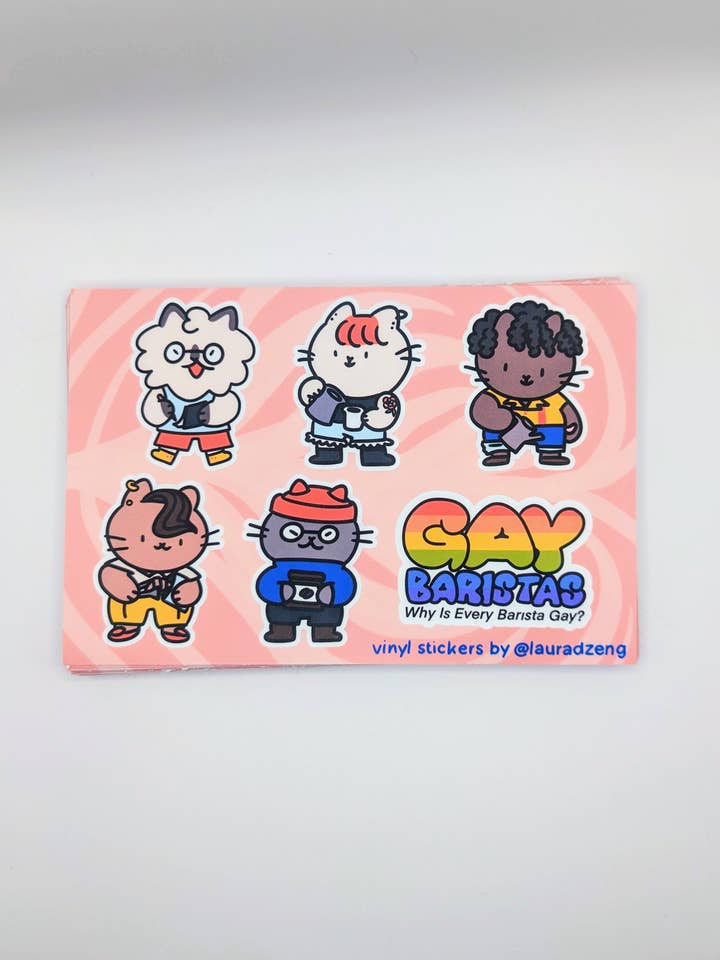 "Gay Baristas" LGBT Cat Vinyl Sticker Sheet Waterproof for wholesale by lauradzeng