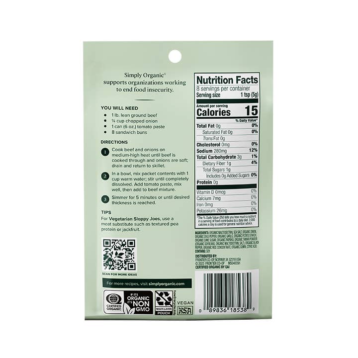 Simply Organic - Wholesale Dried Spice Mix - Sloppy Joe Mix, Certified Organic, Vegetarian, 1.41 Oz1