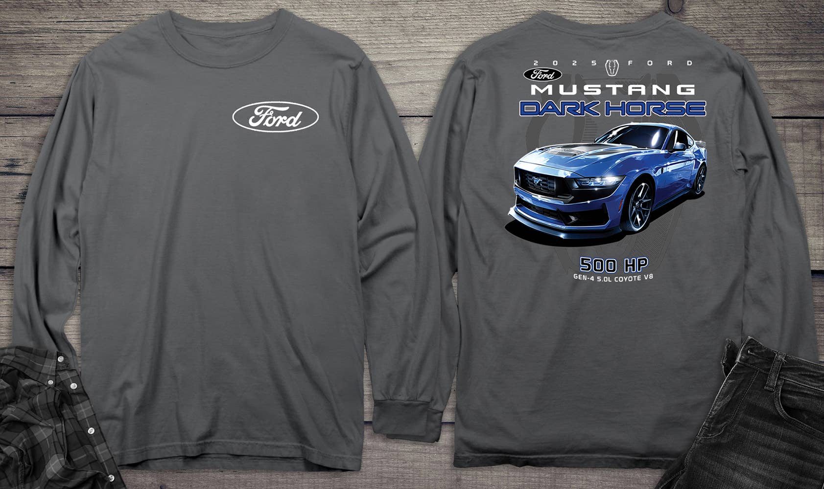 Artopia - Venta al por mayor Camiseta serigrafiada - Unisex - Camiseta de manga larga con escudo Ford Mustang Dark Horse 25.4