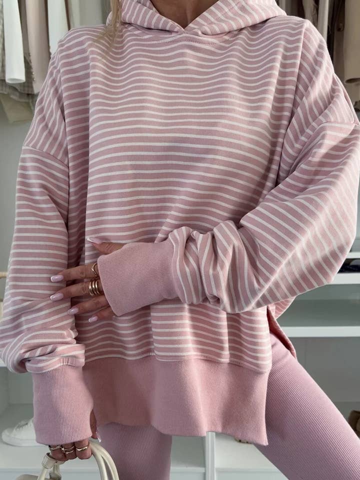 Stripe Thumbhole Side Slits Drop Shoulder Loose Fit Hoodie for wholesale by FULL TIME PURCHASE