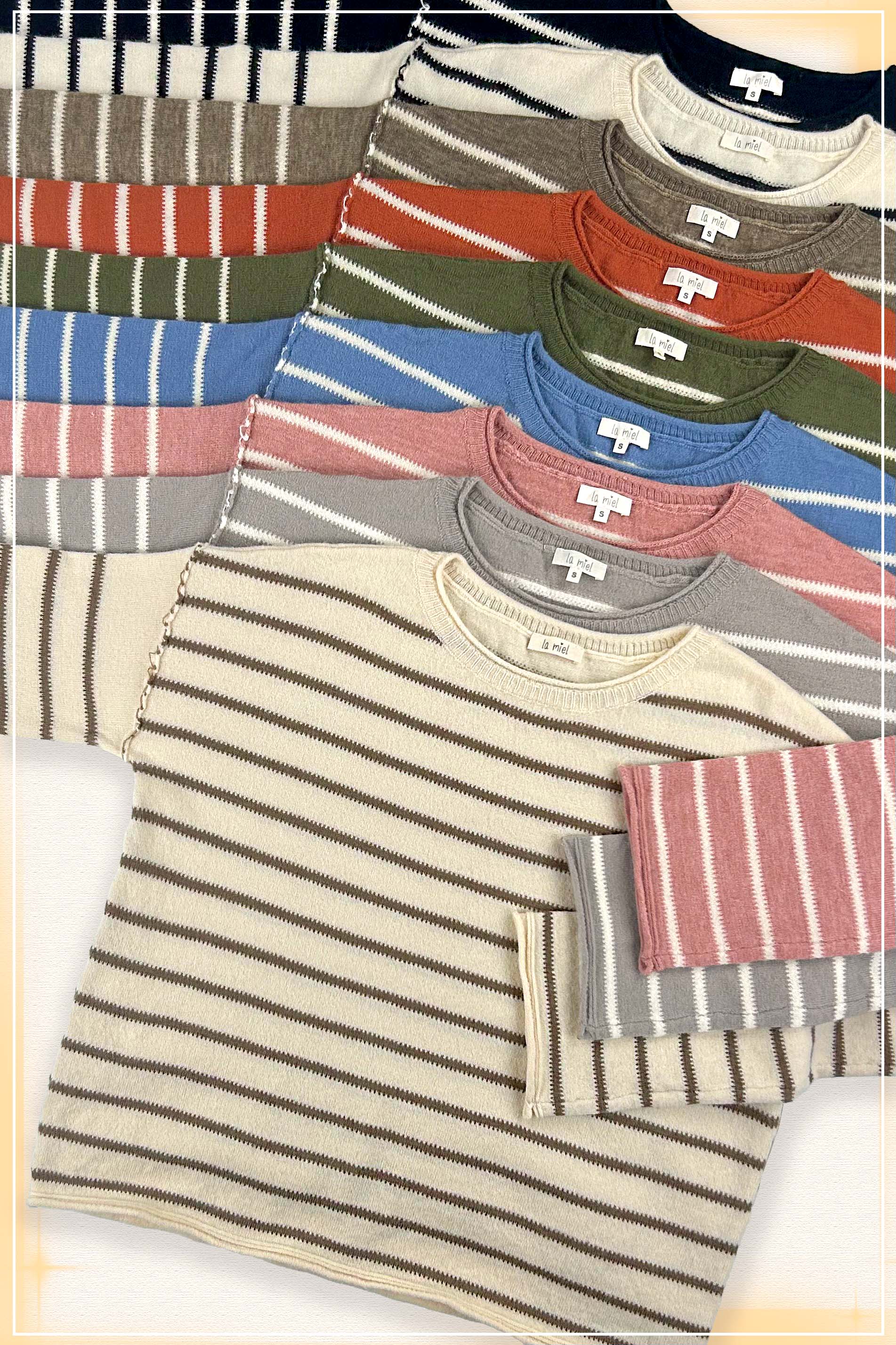 La Miel - Wholesale Knit Sweater - Women's - MCS3588-Striped Round Neck Loose Fit Long Sleeve Sweater26