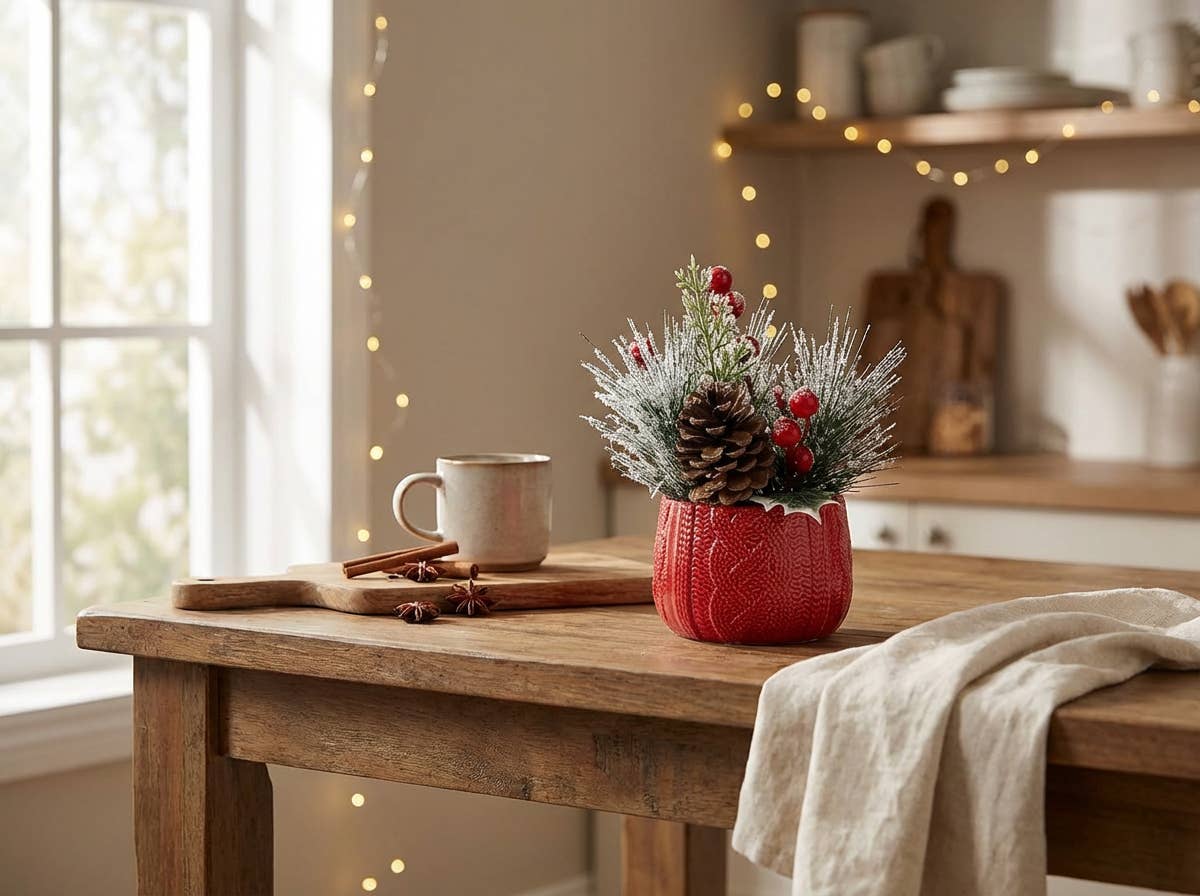 Flora Bunda Inc - Wholesale Artificial plant - Snowy Pine & Berry Arrangement in Red Knit Pot2