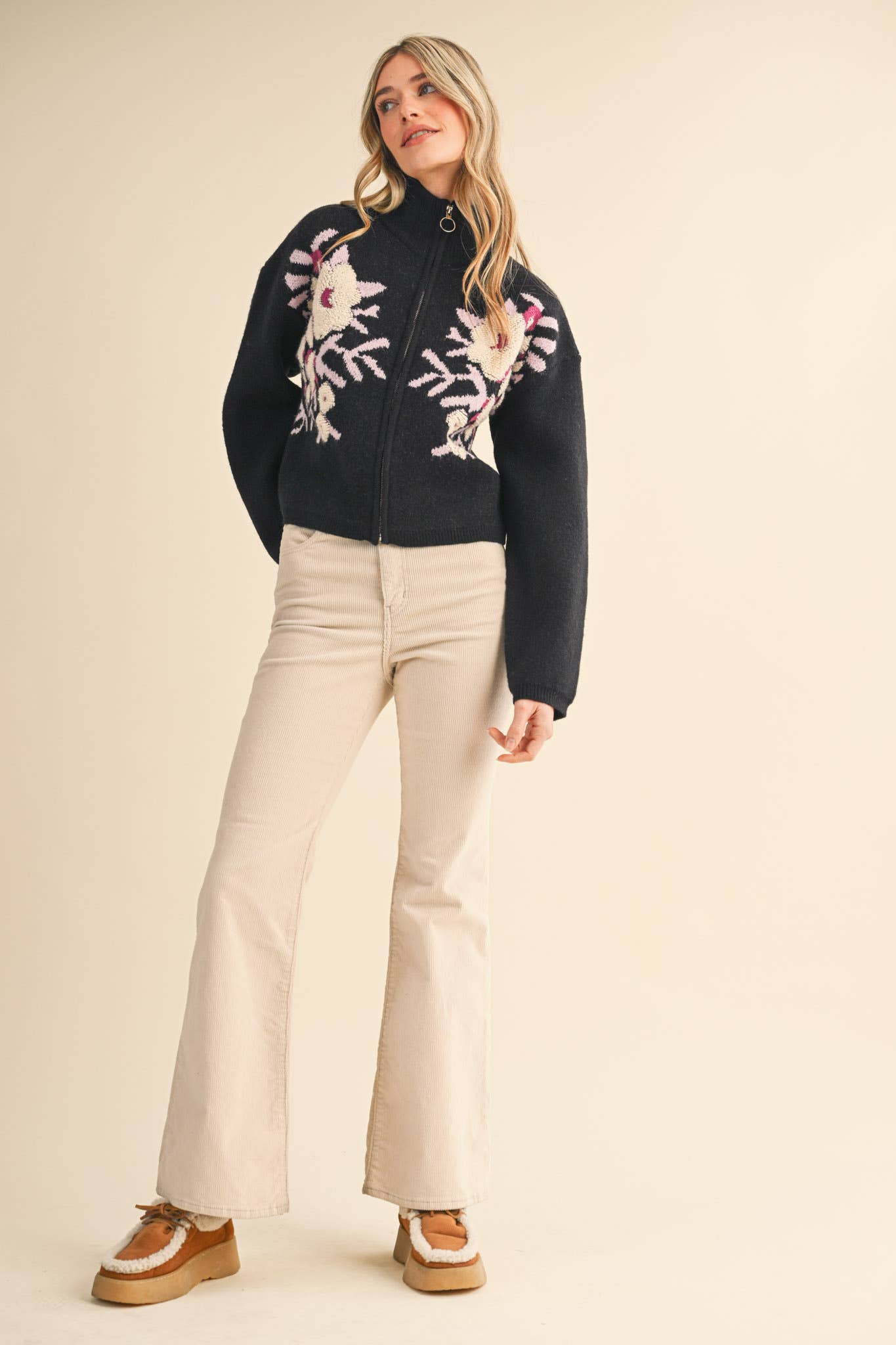 &MERCI - Wholesale Cardigan - Women's - FLORAL ZIP UP SWEATER CARDIGAN MSW111888