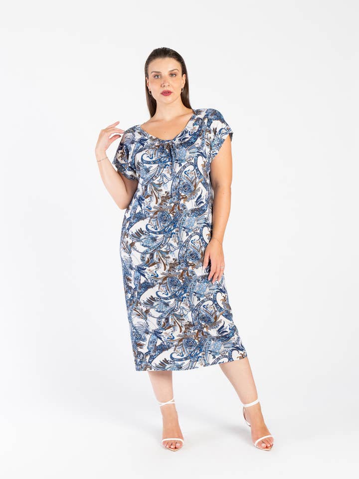 Robe en viscose extensible à motif avec col rond CG91332/01 pour la vente par Clara G.