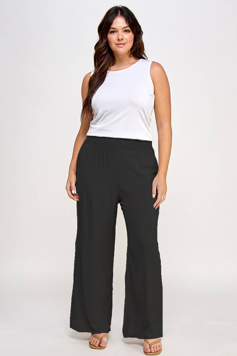 Haute Fox Plus Size & Contemporary - Wholesale Pants - Women's - Plus Size Smocked Waist Wide Leg Pant JK18641-P0