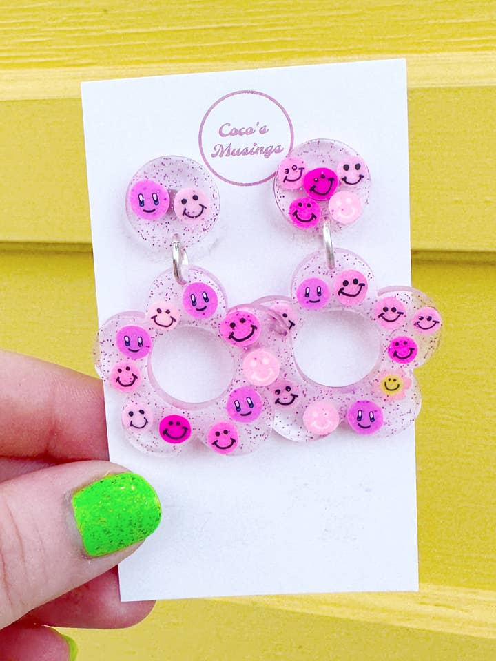 Pink Smiley Faces Hyo Jin Flower Earrings for wholesale by Coco's Musings