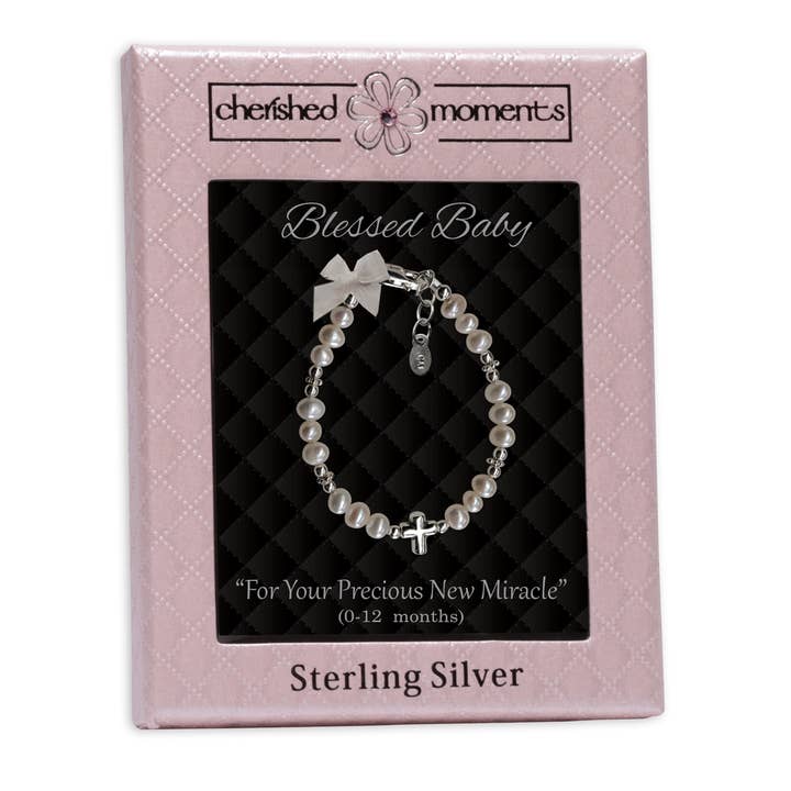 Cherished Moments - Wholesale Beaded Bracelet - Kids - Girls Sterling Silver Pearl Cross Baby Bracelet Baptism Gift