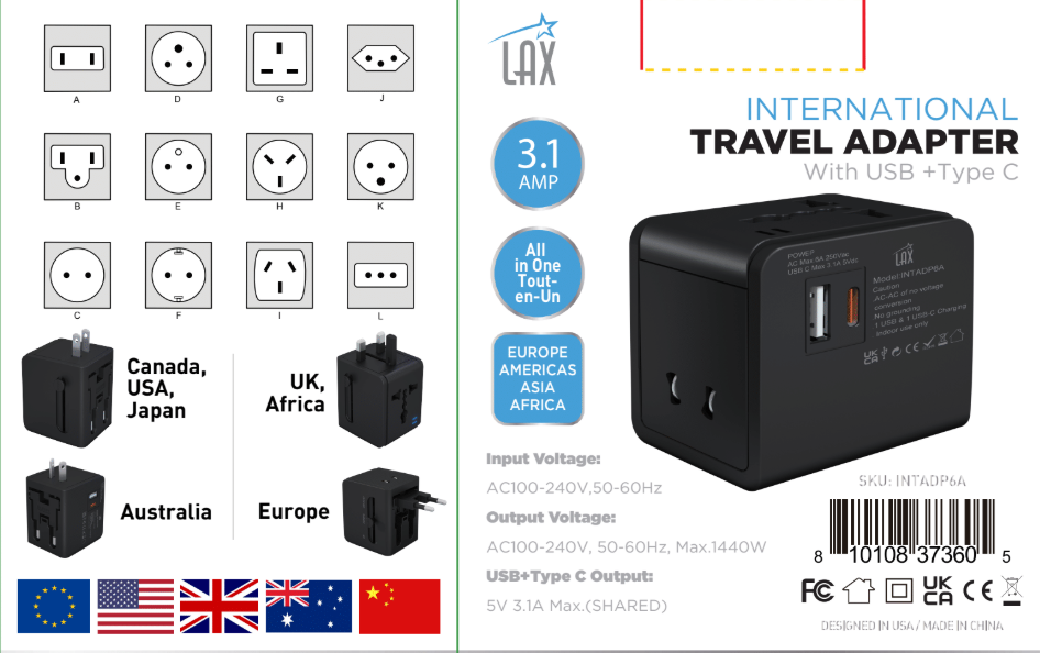 LAX Gadgets - Wholesale Power Adapter - Travel Adapter with 1x USB-C 3.1A 5V and 1 USB - Retail Pack4