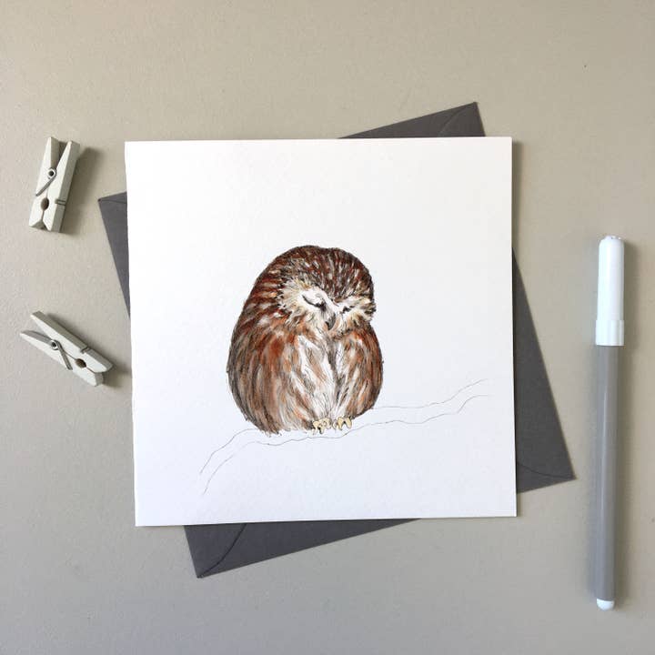 Archie the Owl - All Creatures hand-drawn greeting card for wholesale by SJ. Vickery Designs Ltd.