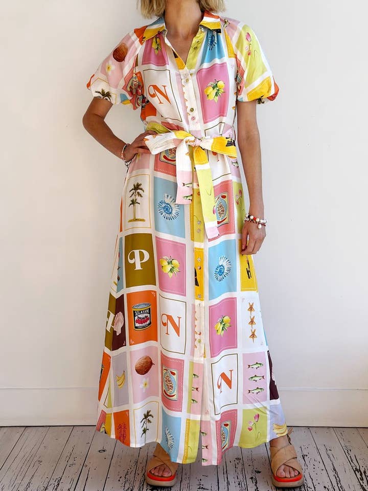 Vacay Palm Lemon Sardine Seashell Print Dress for wholesale by Rosa Clothing