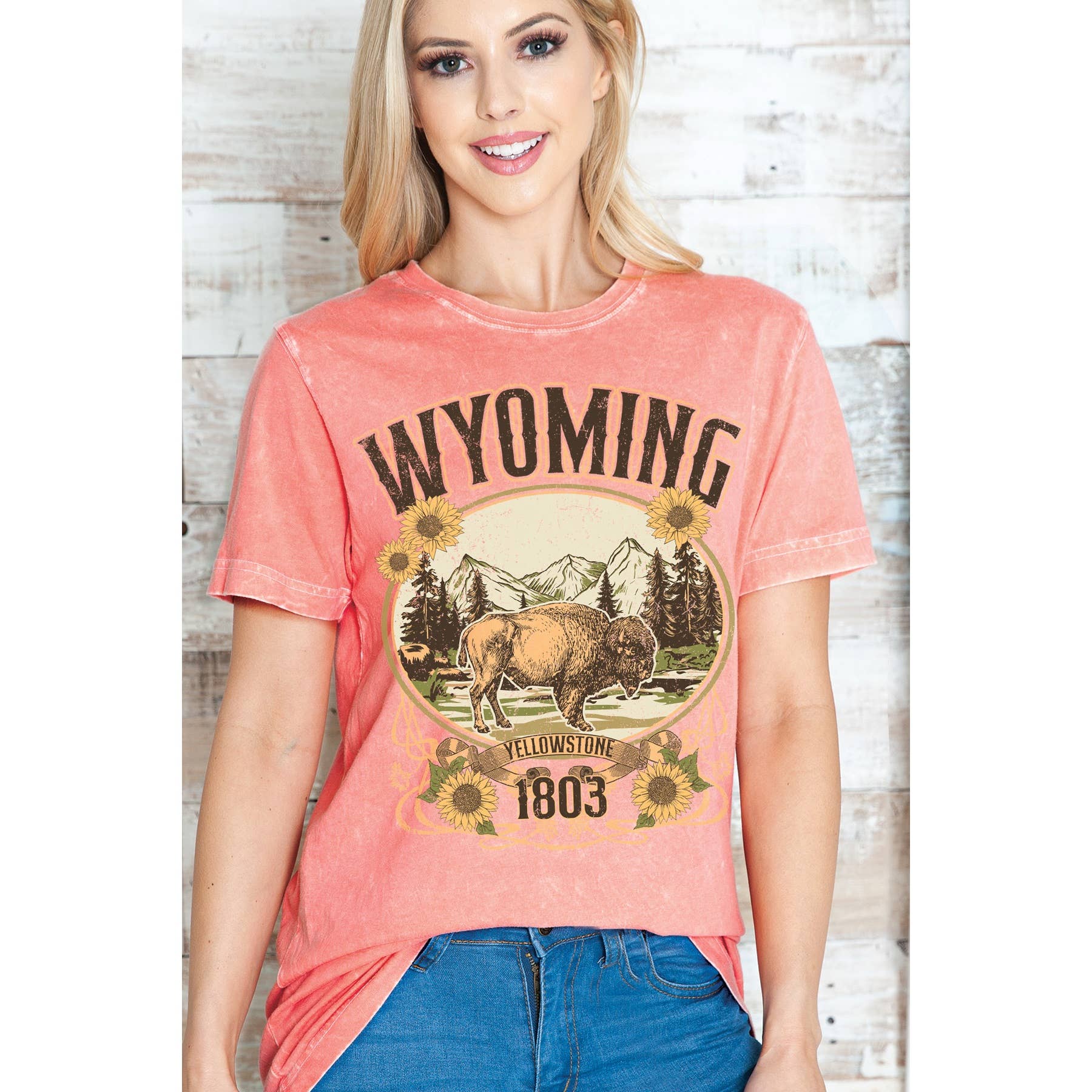 Amused by Blue - Wholesale Screen Printed T-Shirt - Women's - WYOMING YELLOWSTONE- Mineral Wash3