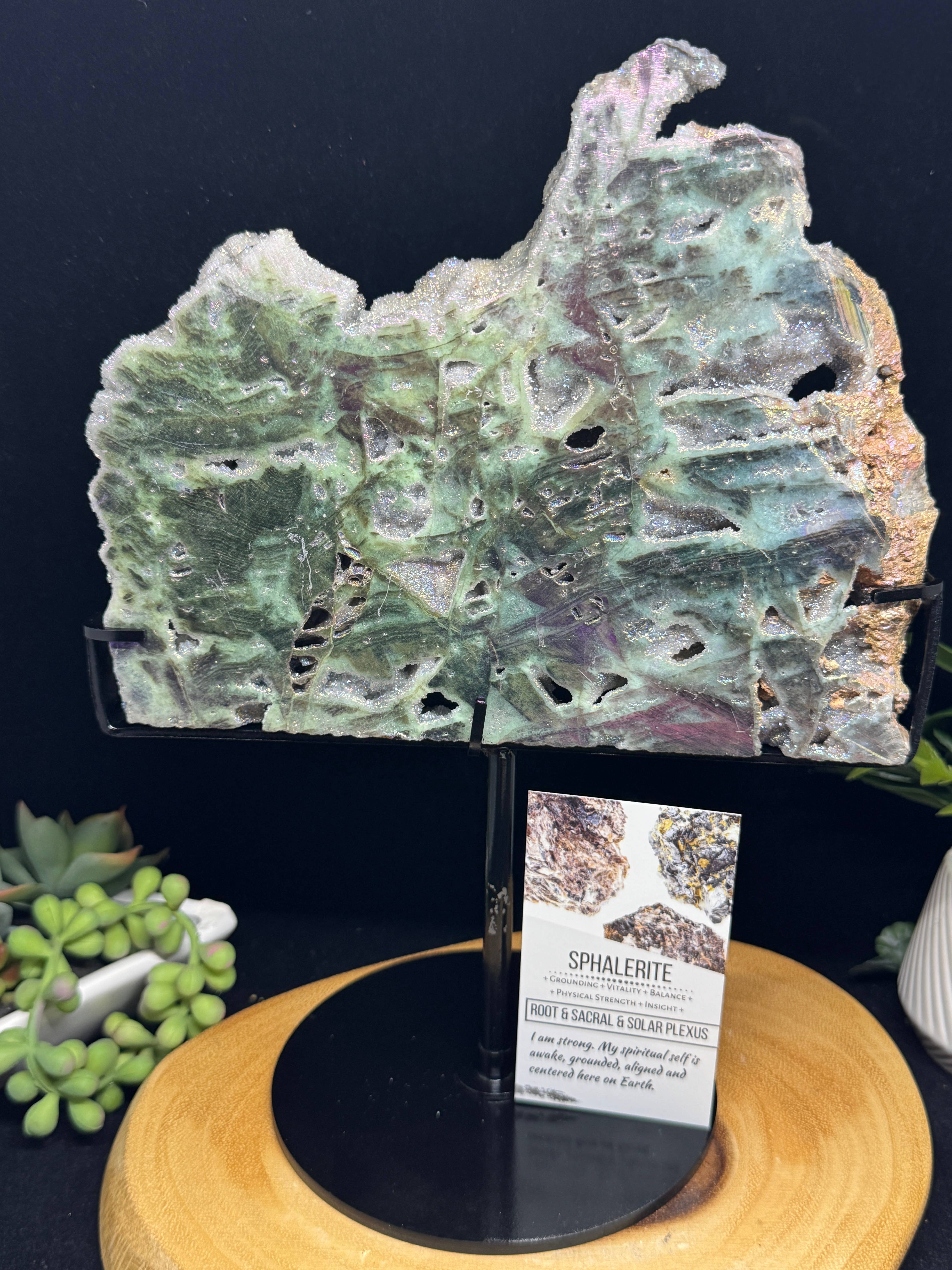 The 7 Directions - Wholesale Spiritual Stone/Crystal - 10 " Lg Angel aura sphalerite slab w/ custom stand F6721