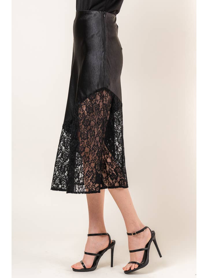 Black ASYMMETRICAL LACE BOTTOM MIDI SKIRT- SI4109FO for wholesale on Faire
