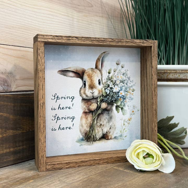 Spring Is Here Bunny – Träramad vårkonst med kanin för wholesale av Hangout Home