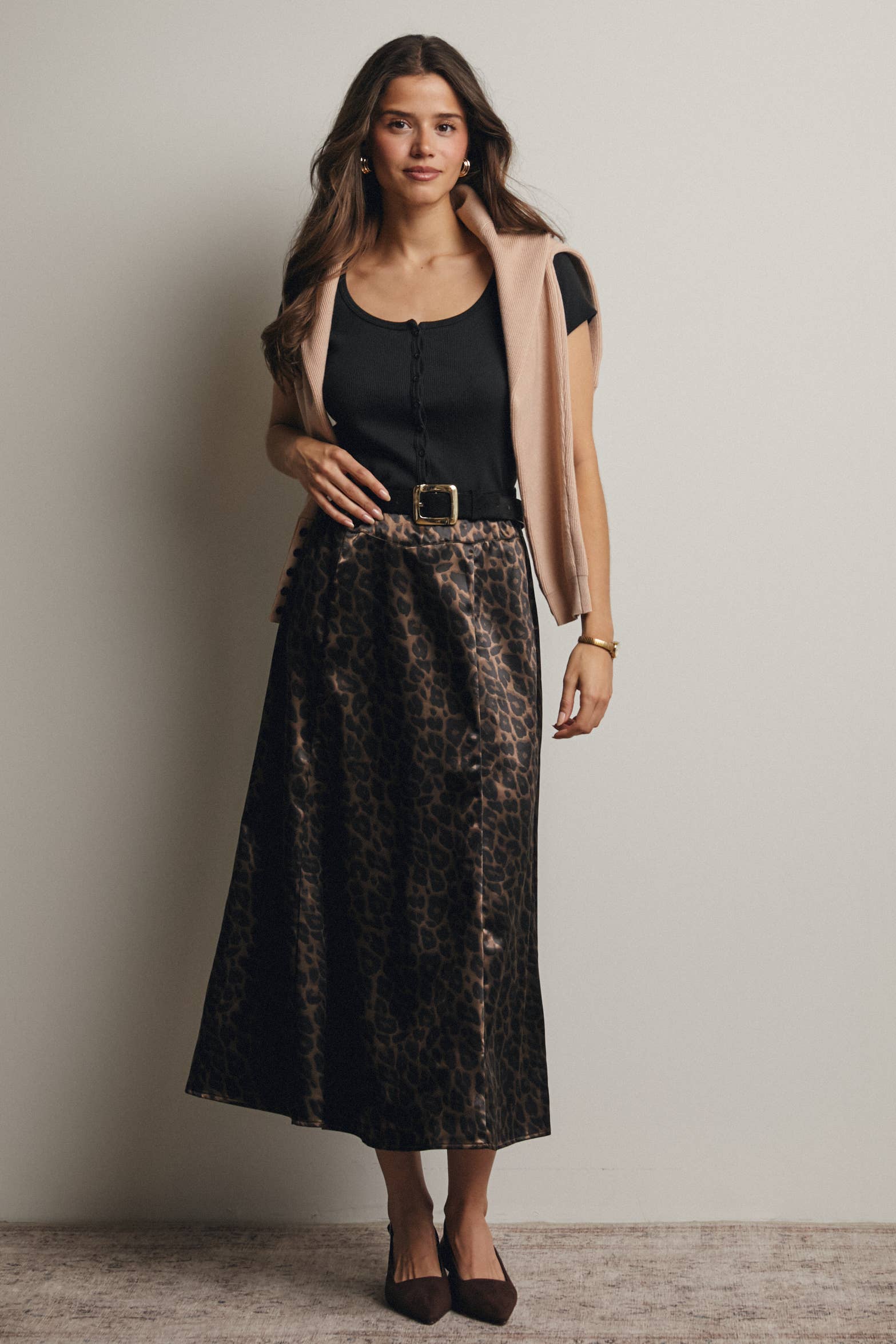 Forte - Wholesale Skirt - Women's - Leopard Print Satin Midi Skirt FSK000711