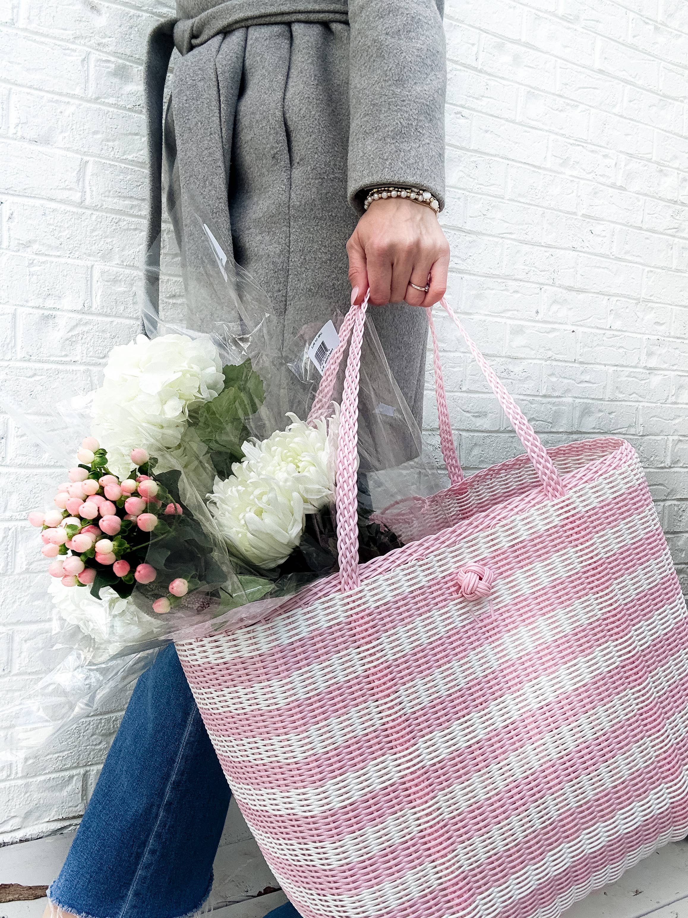 The Lilley Line - Wholesale Tote Bag - Women's - Medium, Lined Paper Stripe in Baby Pink + White2