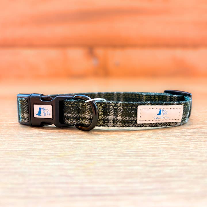 Green Tartan Tweed Adjustable Dog Collar for wholesale by Digby and Champ