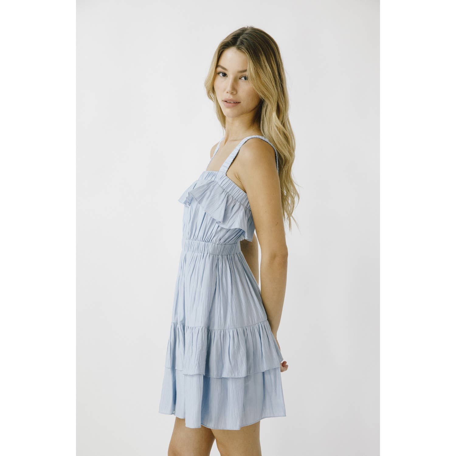 BLUE JD6024- MONOCHROMATIC RUFFLED MINI DRESS for wholesale on Faire4
