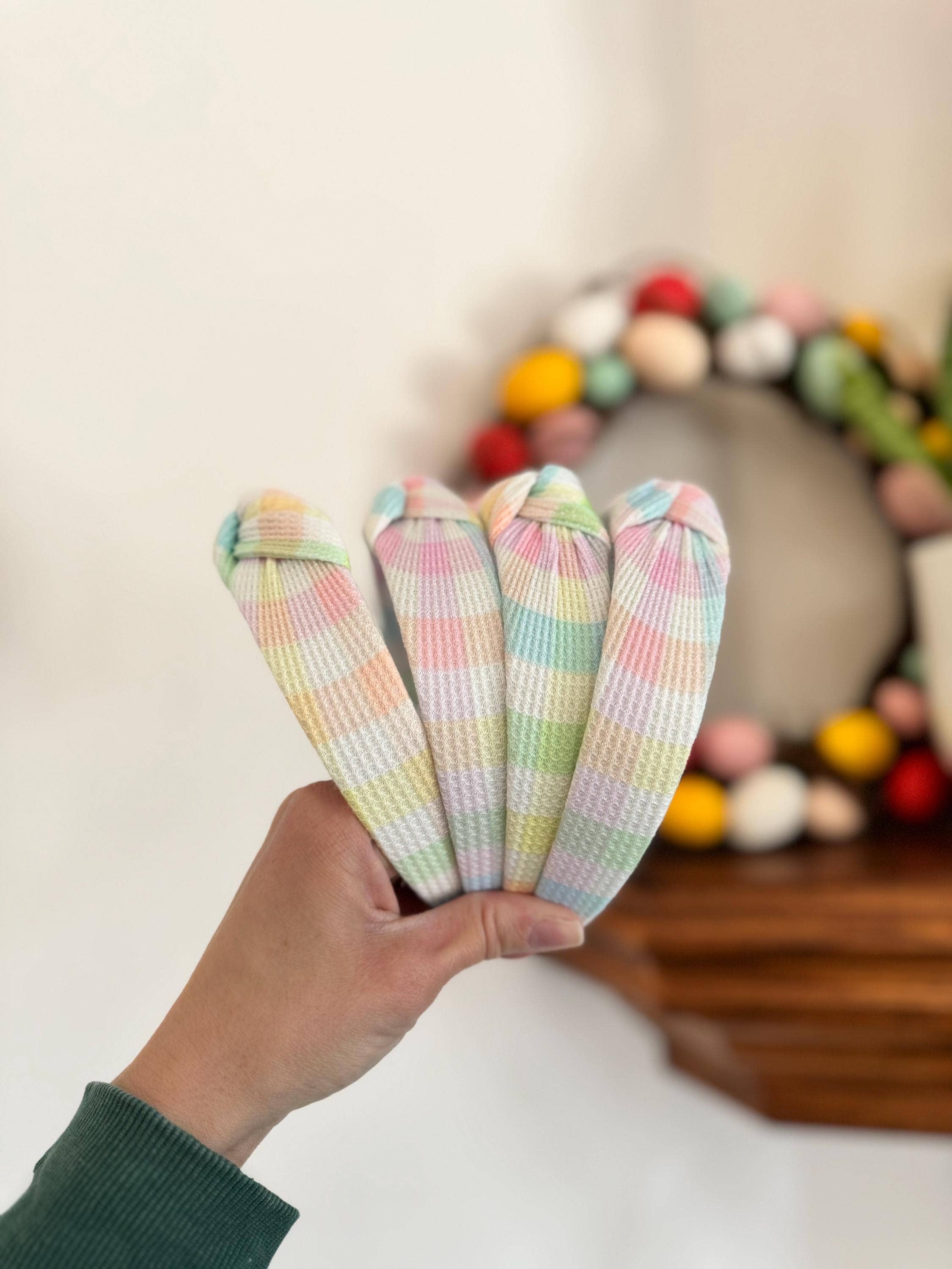 Brynnbands - Wholesale Fashion Headband - Women's - Pastel Gingham Waffle Knit Top Knot Headband - Brynnbands