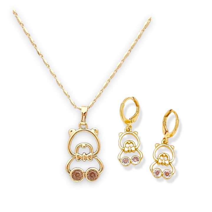 Teddybeer set met roze kristallen, 18-karaats vergulde set voor wholesale door Raf Rossi Gold Plated