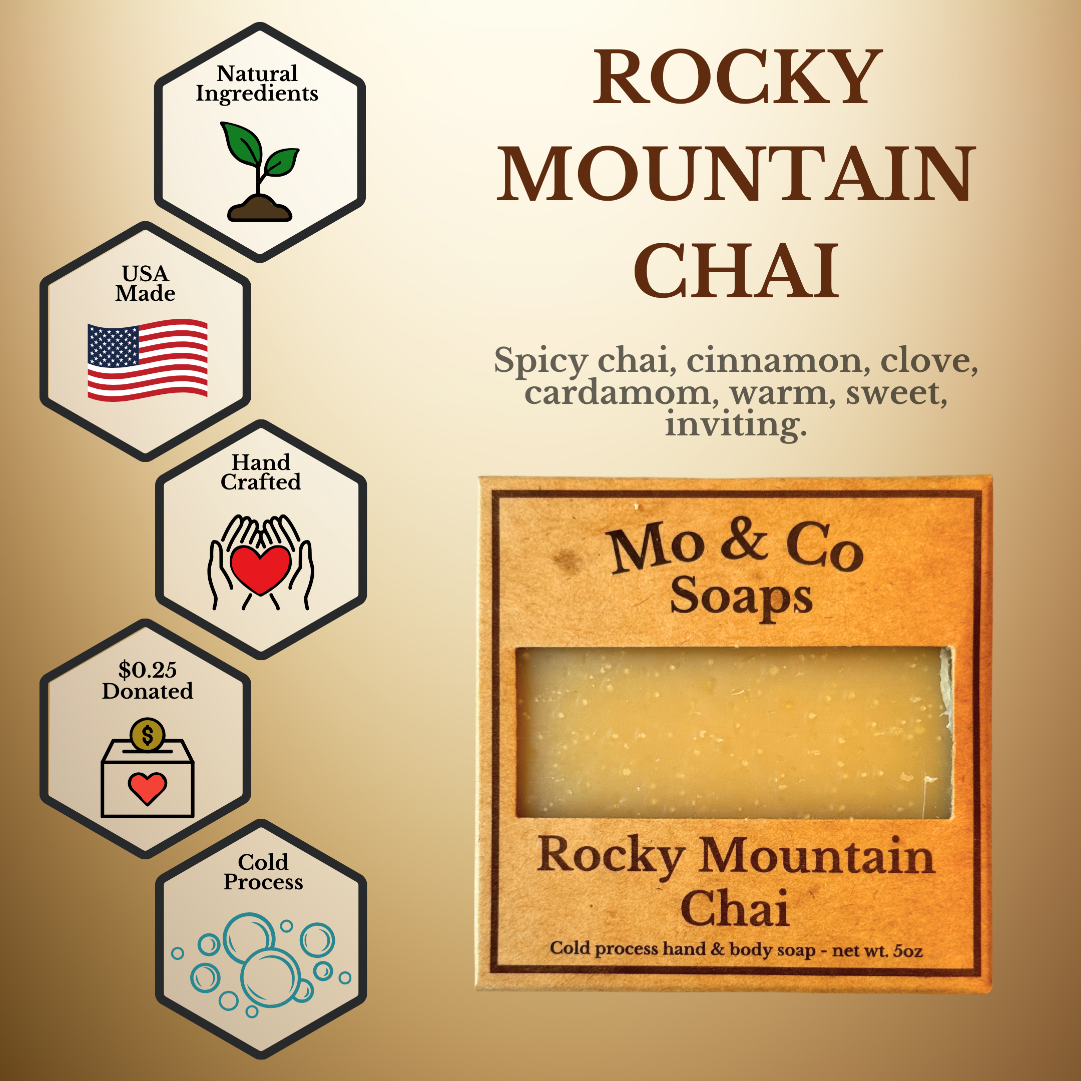 Mo & Co Soaps - Wholesale Zeepset - Volledig natuurlijke handgemaakte Rocky Mountain Chai-zeep 5oz — Ondersteunt het goede doel1