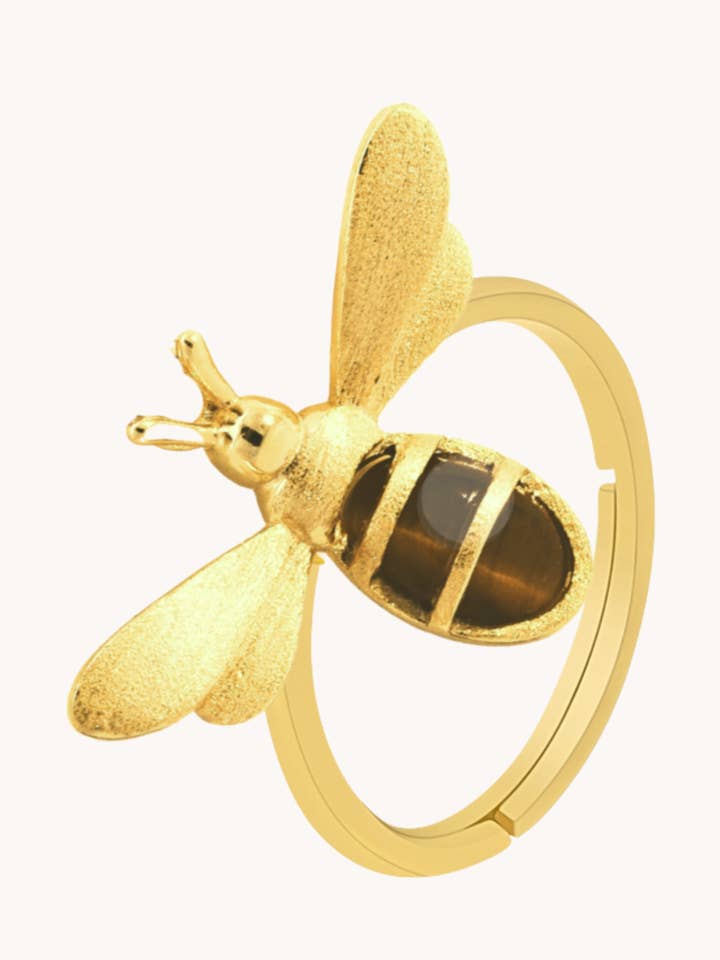 Honeybee Tiger of Eye Gold Adjustable Ring W. for wholesale by Gratinsta