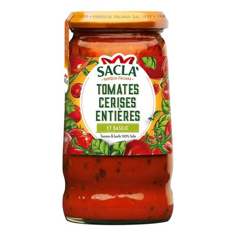 Sacla - Vente Sauces pour pâtes - Sauce au basilic aux tomates cerises entières 345 g0