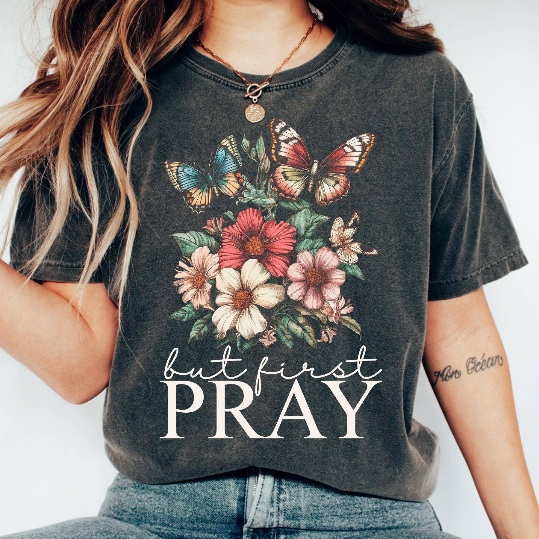 NVC Ecommerce LLC - Wholesale T-Shirt (Graphic) - Women's - But first Pray Shirt, Wildflower Floral Christian Sweatshirt0